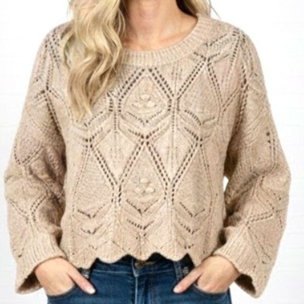 Originality Women L Beige Crochet Lace Knit Sweater Crop Top Boho‎